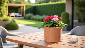 fotografia de un patio con unas macetas de terracota clásica con flores