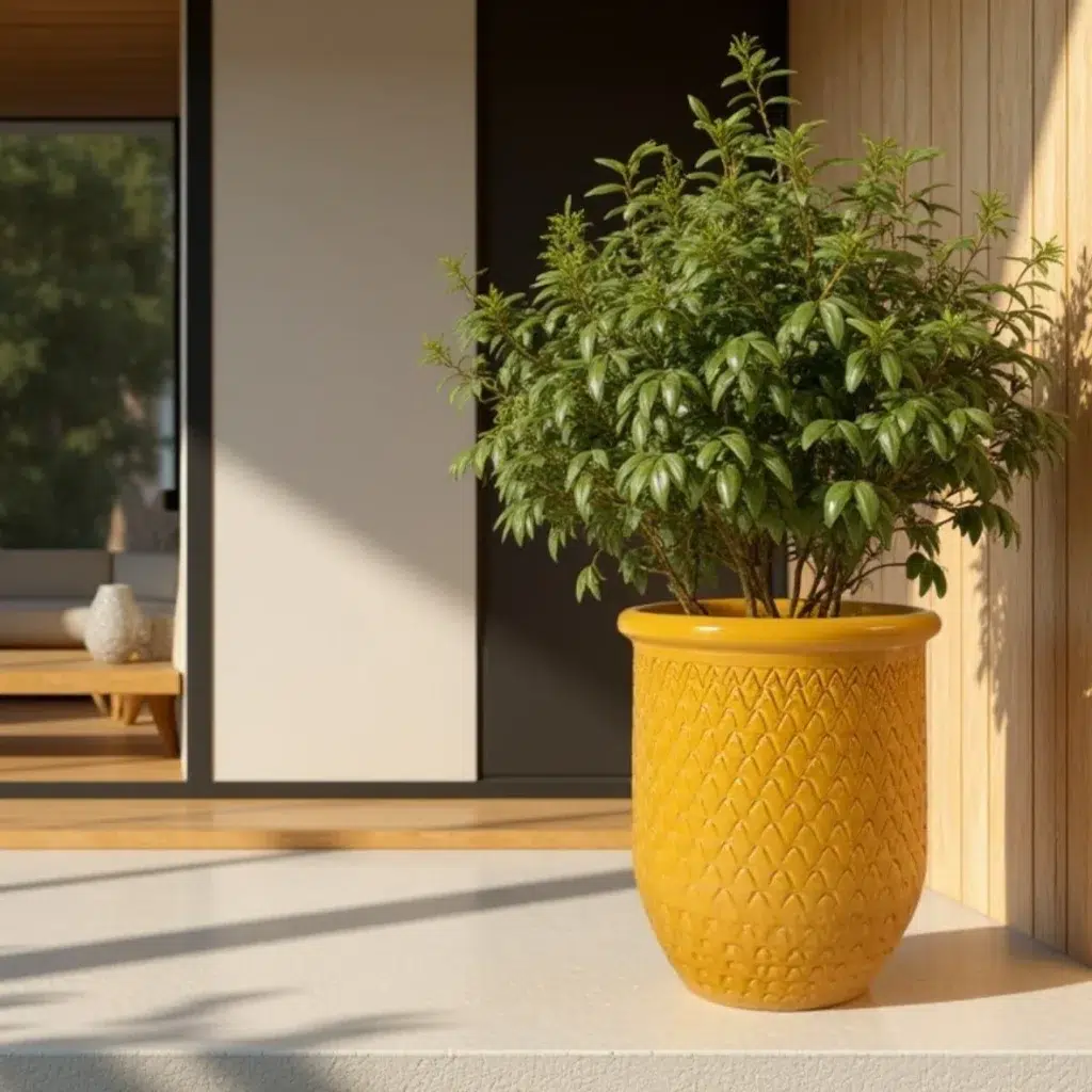 Cerámica de diseño formato grande para exterior color amarillo ubicada en el porche de una casa