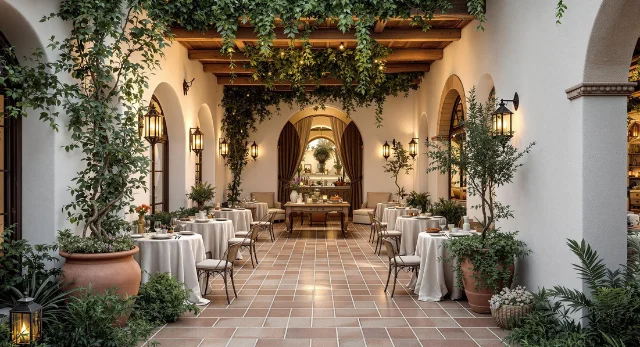 Render de Patio de estilo Urban Garden con jardineras de cerámica, vegetación exuberante y decoración rústica, creando un ambiente acogedor y elegante