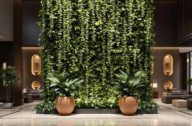 Diseño de Urban Garden con jardín vertical y macetas de cerámica, combinando naturaleza y decoración contemporánea en un espacio interior elegante