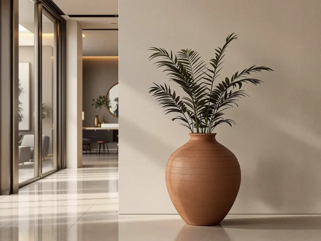 render de ejemplo de tinaja de barro grande en un hall de hotel con planta en el interior