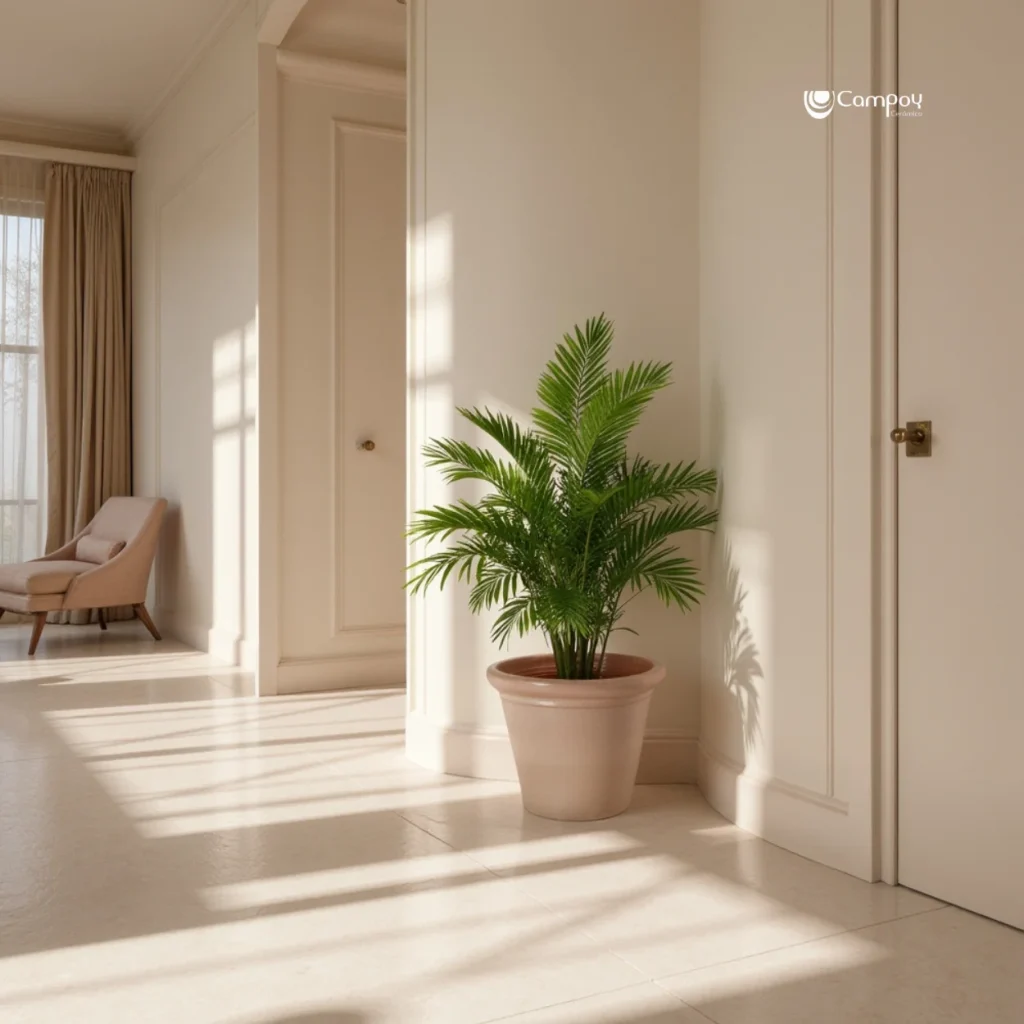 Maceta de cerámica grande y esmaltada en tono rosado, ubicada en un espacio interior elegante con luz natural