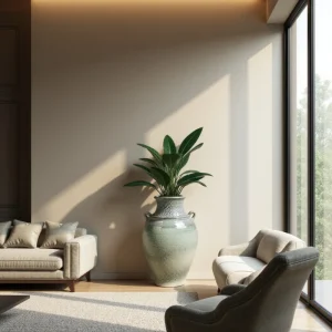 Tinaja de cerámica artesanal con diseño elegante y acabado esmaltado, decorando un salón moderno con luz natural. Ideal para interiores sofisticados y decoraciones con tinajas de cerámica