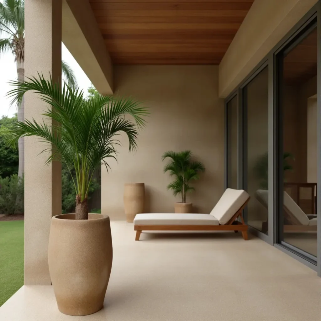 Jardinera de barro para exterior en terraza cubierta, perfecta para espacios de descanso en hoteles o viviendas mediterráneas.