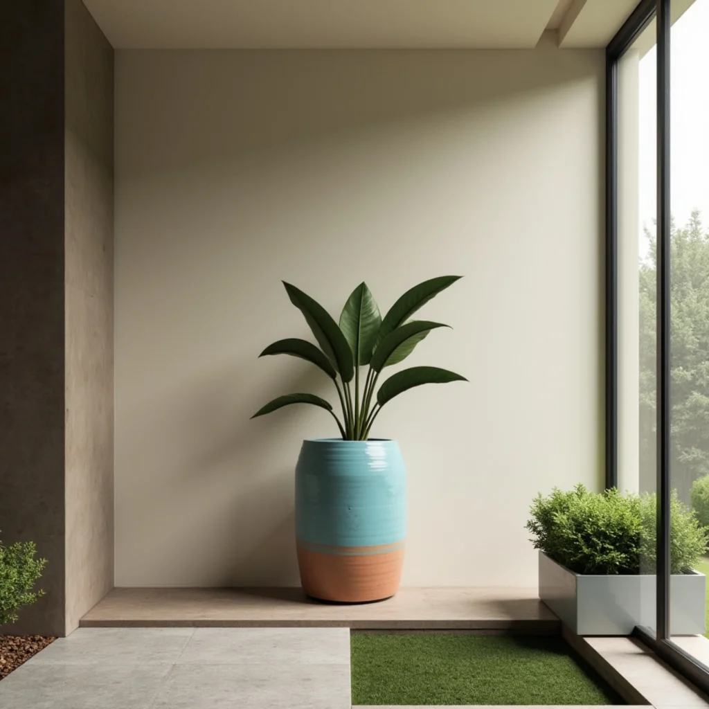 Jardinera de barro para exterior en acabado bicolor, ideal para interiores con luz natural y diseño minimalista.