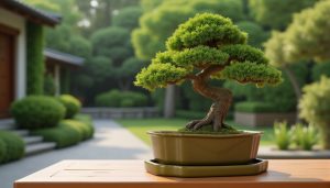 Maceta para bonsái de exterior en jardín minimalista, con tiesto de cerámica esmaltada y árbol podado en estilo tradicional.