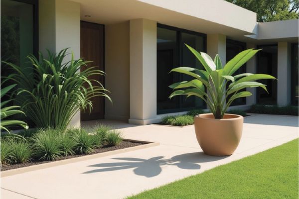 Macetas grandes para exterior baratas de cerámica decorando una terraza moderna con plantas ornamentales, creando un ambiente elegante y resistente al clima