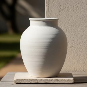 tinaja artesanal de barro esmaltada en marfil, vista frontal