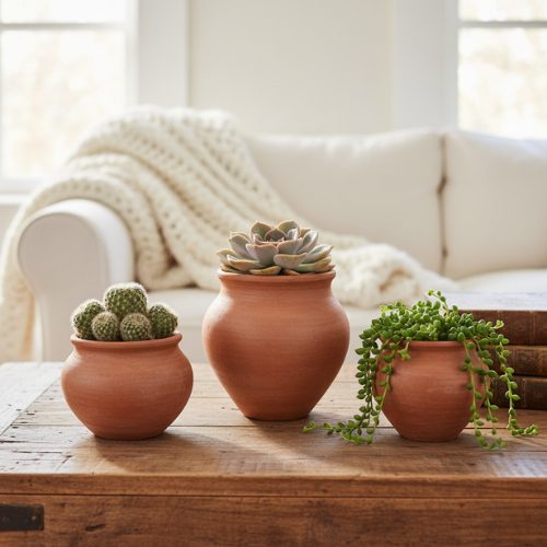 tinajas pequeñas de barro como macetas para plantas como por ejemplo cactus y suculuentas